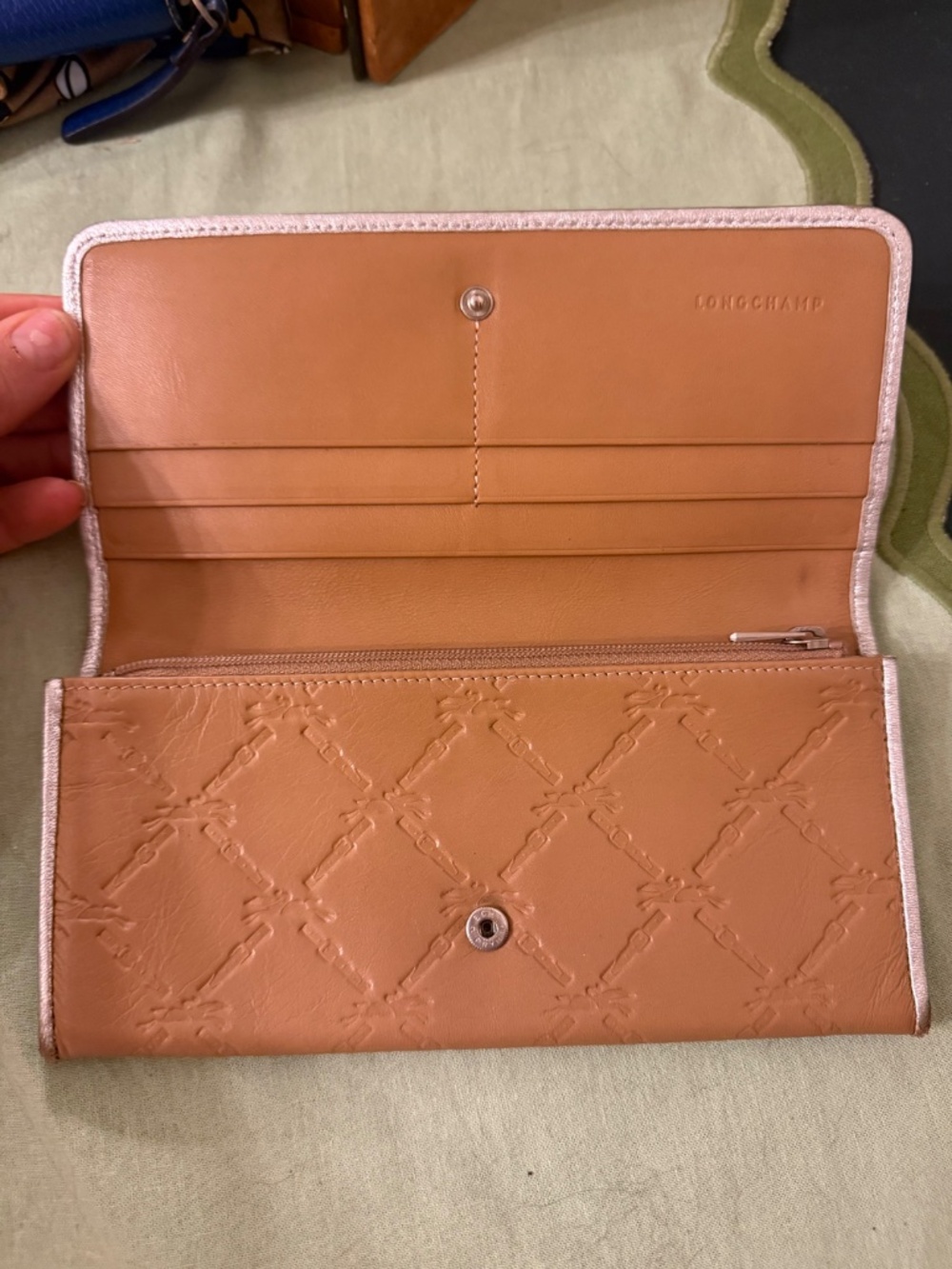 Longchamp Embossed Leather Continental Wallet Camel Tan Snap Closure - Picture 2 of 5